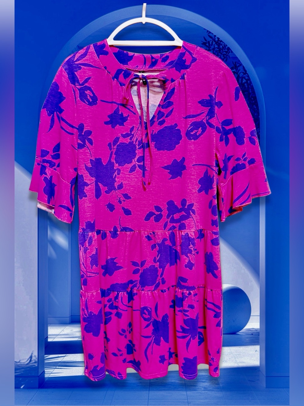 QinCao Floral Tie-Neck Dress in Fuchsia & Purple/ Blue size Large